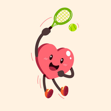 Cartoon a heart character playing tennis