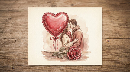 Couple Sharing a Moment with Heart-Shaped Balloon and Rose