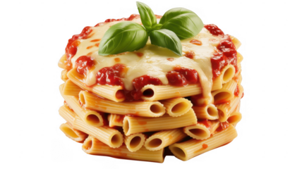 Rigatoni pasta stack with melted cheese and basil isolated on a transparent background