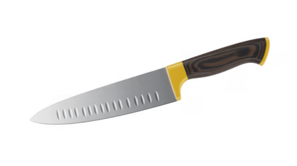 Similar chef's knife with wooden handle and yellow accents isolated on a transparent background