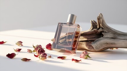 perfume flat-lay featuring ambery tones,
vanilla flowers, musk wood pieces, and a stylish glass bottle