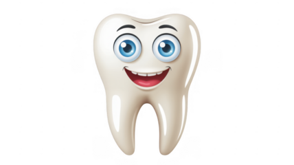 Smiling cartoon tooth with blue eyes smiling tooth isolated on a transparent background