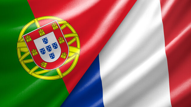 Portugal and France two national flags filling the entire frame, close-up view, edge-to-edge composition