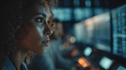 Focused woman intently studying data on multiple screens in a dimly lit control room.