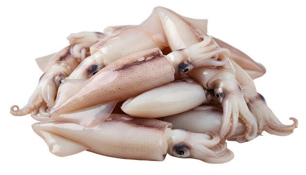 Fresh raw whole squid calamari ready for cooking on white background