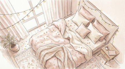 Cozy bedroom with soft bedding, string lights, and natural decor