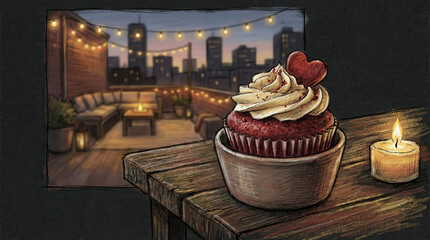 Cozy Rooftop Dessert Scene with City Lights