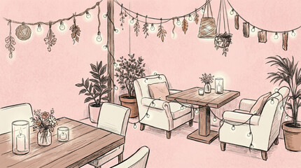 Cozy Living Room with String Lights and Plants