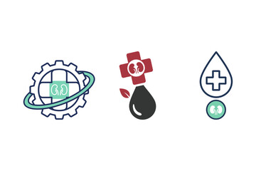Set of three kidney health logo icons for global technology natural medicine and blood donation concepts