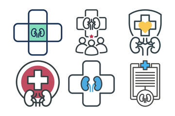 Set of six line art kidney health logo icons for community support patient care and medical reports