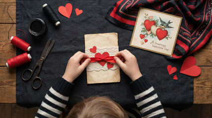 Person Crafting Valentine Greeting Card with Lace and Ribbon