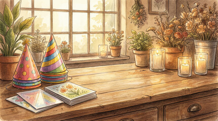Whimsical Candle Stacks, Potted Plants, and Watercolor Art on a Wooden Bench