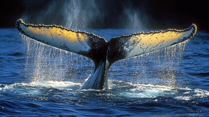 Humpback whale tail breaching the ocean surface with water spray.