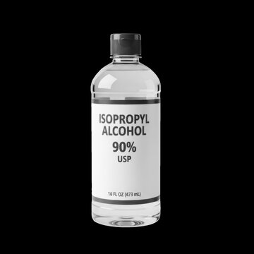 Clear plastic bottle of isopropyl alcohol 90 percent U S P 16 fluid ounces on black background image