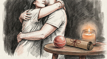 Woman hugging man with candle-lit table in cozy room