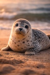 Close-up portrait of a harbor seal resting peacefully on a sandy beach near the ocean during warm sunset light. The image highlights wildlife beauty, marine life, and calm coastal atmosphere.

