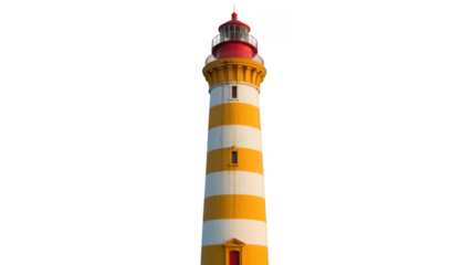 Yellow and white striped lighthouse with red yellow and white stripes isolated on a transparent background