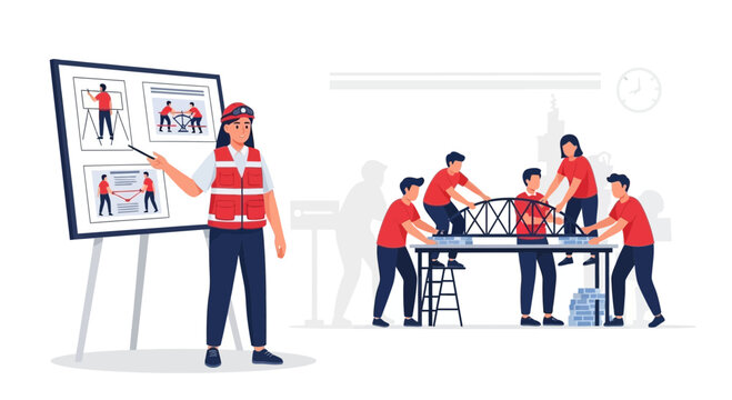 Instructor guiding a team building a bridge model.