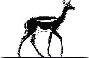 Monochrome graphic illustration of a walking antelope silhouette