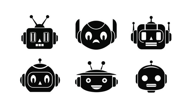 Collection of minimalist robot head icons in a black and white design