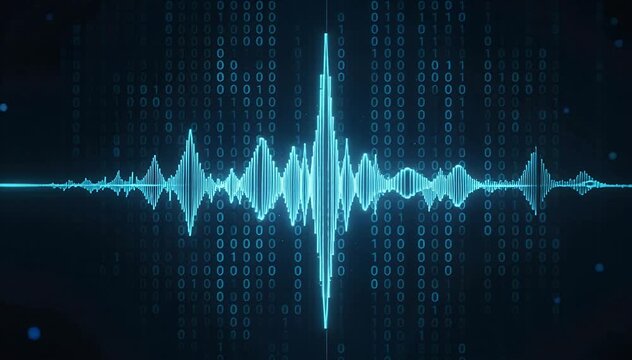 Digital audio waveform visualization with binary code background for sound analysis and data representation.