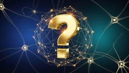 Shining gold question mark within glowing network connections
