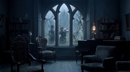 Gothic manor interior with ornate window showing heavy rain and antique furniture