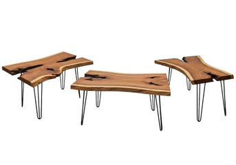 Three live edge wooden coffee tables with hairpin legs