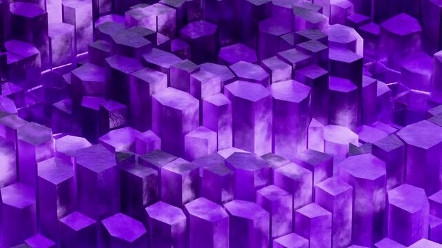 Abstract Purple Crystal Hexagon Pillars Animation Background. 4K