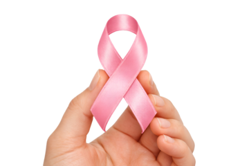 hand holding pink ribbon symbol for breast cancer awareness month isolated on transparent background