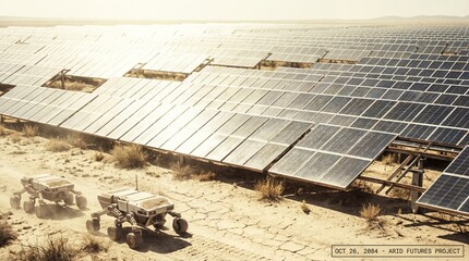Vast solar energy farm in desert landscape with a rover, representing sustainable power generation and technological exploration.