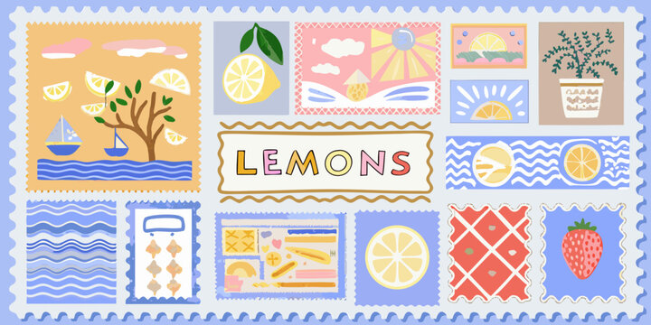 A colorful collection of illustrated stamps featuring lemons and summer motifs