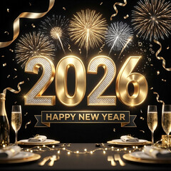 2026 Happy New Year greeting card template with luxury numbers. 