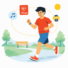Modern illustration of man jogging with fitness app tracking suitable for healthy lifestyle vector design
