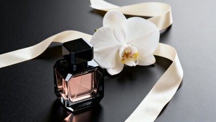 a minimalist perfume bottle with sharply defined geometric edges resting on a glossy black surface