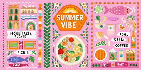 A vibrant summer themed illustration with food sun and playful text elements © Bithi