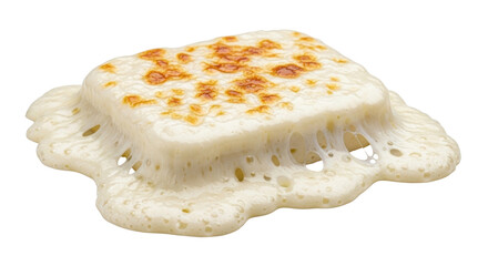 Melted cheese oozing over a square piece of food with browned spots gooey stringy