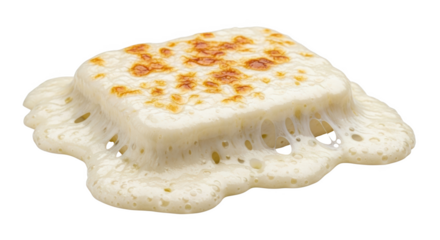 Melted cheese oozing over a square piece of food with browned spots gooey stringy