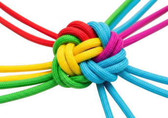 Colorful ropes tied together in a knot, symbolizing unity, connection, and teamwork