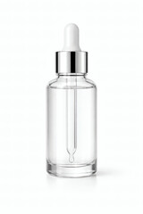 Clear glass dropper bottle with silver cap and clear liquid serum cosmetic