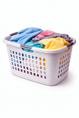 White laundry basket filled with colorful folded clothes on white background image