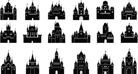 Medieval castle silhouette collection with towers and fortresses, black fairy tale palace icons set, isolated vector elements for kingdom design. © hiiii