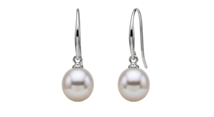 Pair of white pearl drop earrings with silver hooks on black background jewelry