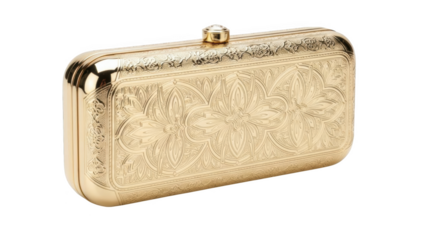 Ornate gold clutch purse with floral engraving and gemstone clasp handbag
