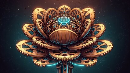 Fototapeta premium A futuristic mechanical flower with glowing blue lights and intricate golden gears against a dark background.