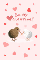 New Zealand brown kiwi bird and rare white kiwi bird in love romantic postcard. Kiwi love greeting card. Be my Valentine Valentine's day design.