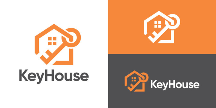 Creative simple key house logo template. Home key logo, home rent logo design vector illustration.