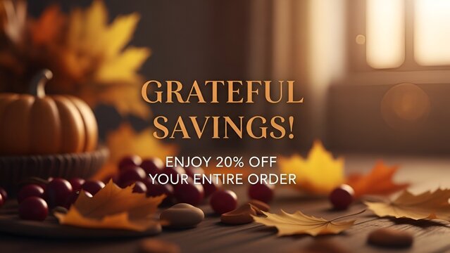 Autumn harvest sale promotion featuring seasonal elements and a discount announcement - Powered by Adobe