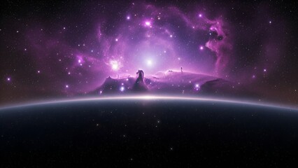 Naklejka premium Celestial symphony of nebulous wonders over a planet's shimmering horizon vast cosmos
