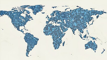 Detailed global cartography represented with a mosaic grid of blue tones dots overlay